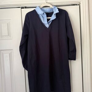 Ann Taylor Navy V-Neck Longline Shirt with Light Blue Collar